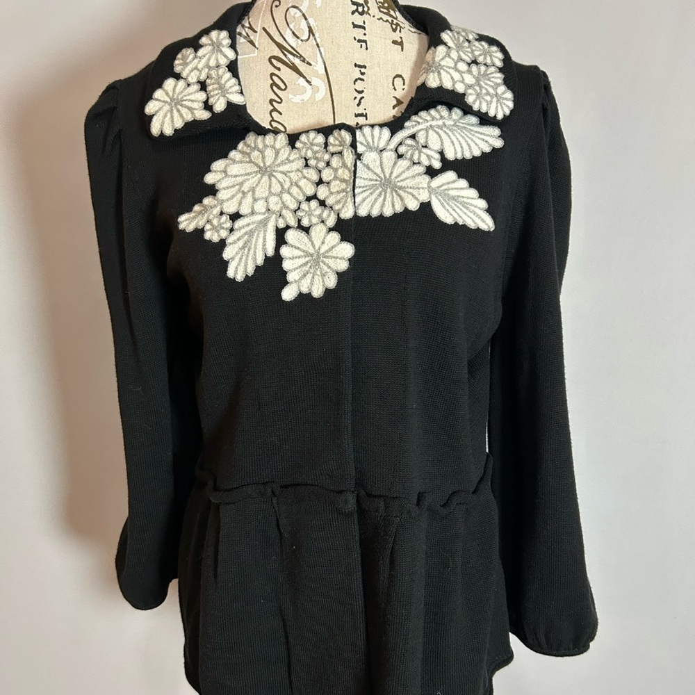 Madison Black Peplum Cardigan with Embroidered Collar